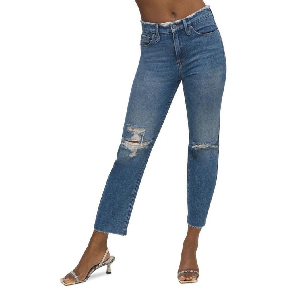 Good American Straight Leg Jeans SZ 2/26 High Waisted Frayed Hem